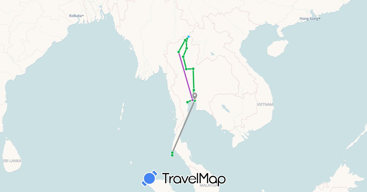 TravelMap itinerary: driving, bus, plane, train, boat in Laos, Thailand (Asia)